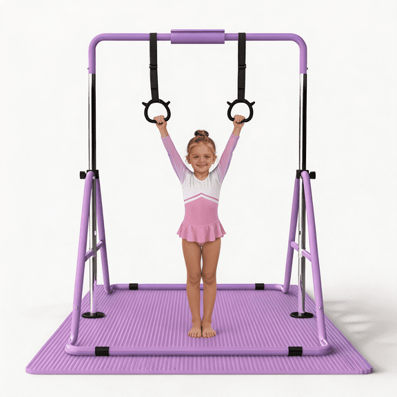 SAYGOGO Gymnastics Bar for Kids, Gymnastics Horizontal Bar with Adjustable Height Foldable Training Bar with Mat for Home Practice