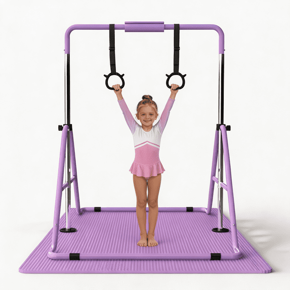 SAYGOGO Gymnastics Bar for Kids, Gymnastics Horizontal Bar with Adjustable Height Foldable Training Bar with Mat for Home Practice