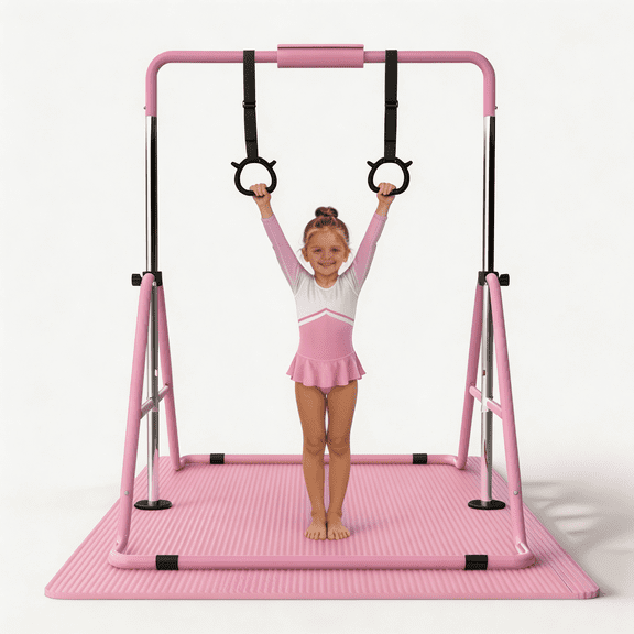 SAYGOGO Gymnastics Bar for Kids, Gymnastics Horizontal Bar with Adjustable Height Foldable Training Bar with Mat for Home Practice