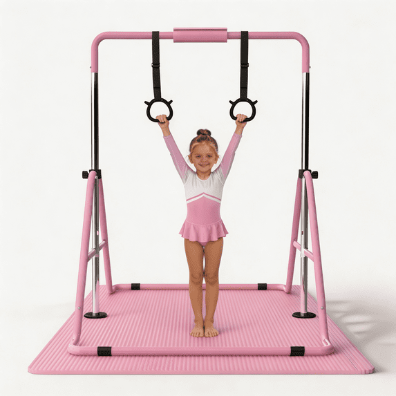 SAYGOGO Gymnastics Bar for Kids, Gymnastics Horizontal Bar with Adjustable Height Foldable Training Bar with Mat for Home Practice