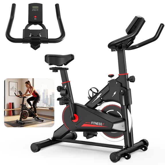 SAYGOGO Home Stationary Bike, Adjustable Resistance, Belt Drive Quiet Flywheel, Adjustable Seat & Handlebars, Movable Compact Frame with Data Display
