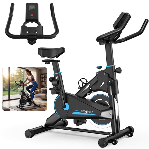 SAYGOGO Indoor Stationary Exercise Bike, Adjustable Resistance, Belt Drive Flywheel, Low-Noise, Adjustable Seat & Handlebars, Compact Movable with LCD Display for Home Fitness