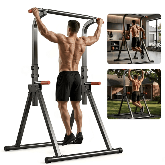 SAYGOGO Multi-Functional Strength Station Power Tower, 6-Level Adjustable Height, Foldable, 440LB Capacity, Pull up Bar Dip Station for Home Gym
