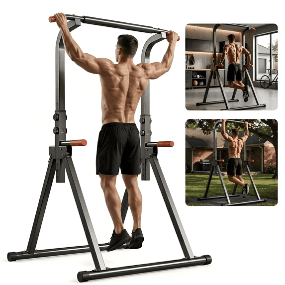 SAYGOGO Multi-Functional Strength Station Power Tower, 6-Level Adjustable Height, Foldable, 440LB Capacity, Pull up Bar Dip Station for Home Gym