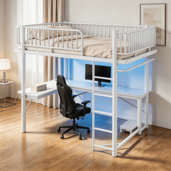 SAYGOGO Queen Loft Bed with L-Shaped Desk, Charging Station & LED Strip, Metal Loft Bed with PC Tray & Hanging Area, Round Pipe Design, White