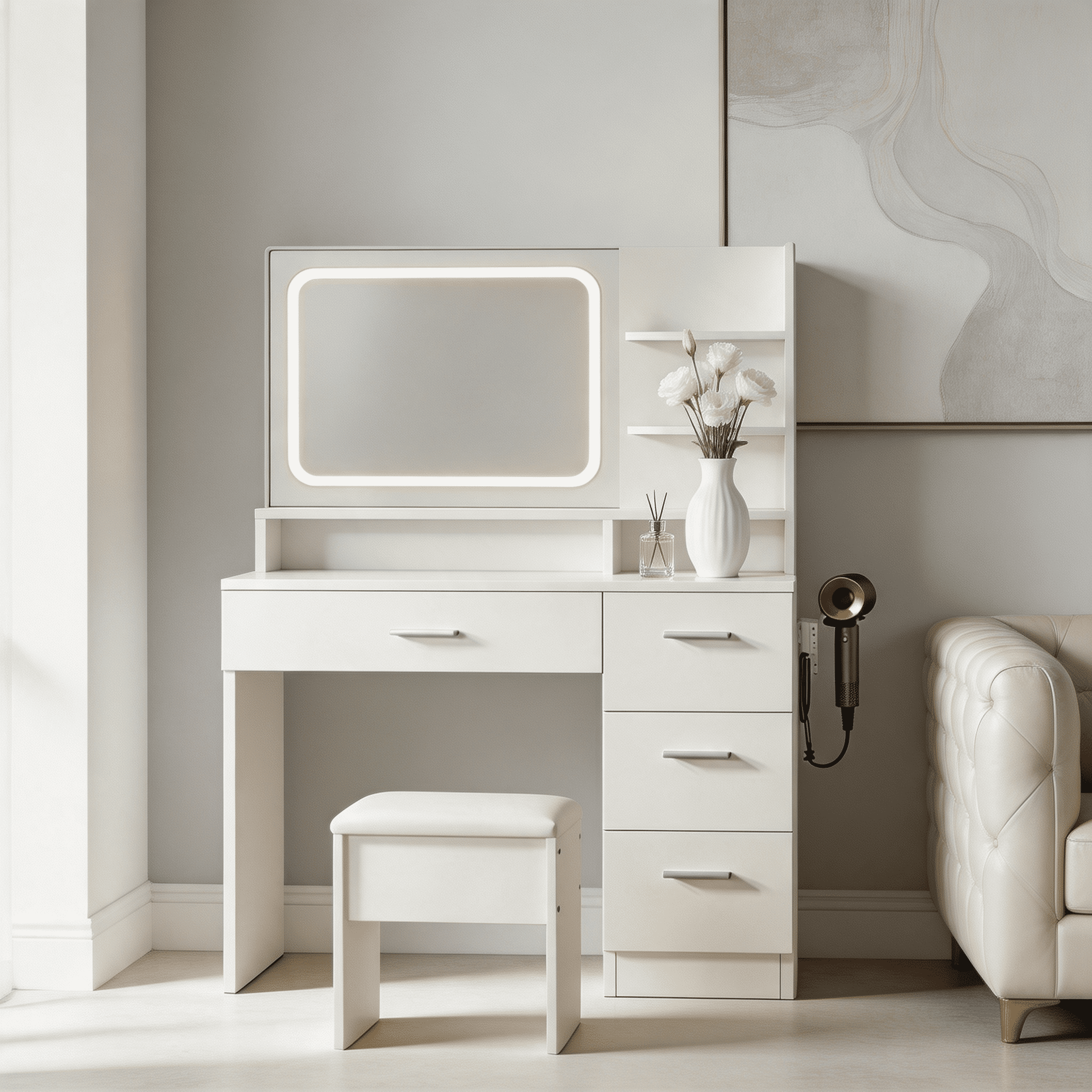 SAYGOGO Vanity Desk with LED Mirror & Power Outlet, 4 Drawers & Open ...