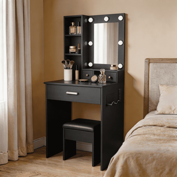 SAYGOGO Vanity Desk with LED Mirror & Power Outlet, Hairdryer Holder & Stool, Compact for Small Bedrooms, Black