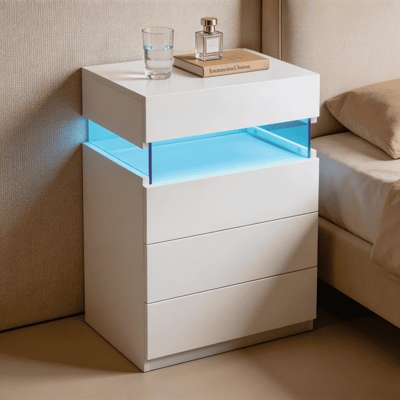 SAYGOGO White Nightstand with LED Lights, 4-Drawer Night Stand with Acrylic Panel, Modern Bedside Table for Bedroom, Living Room