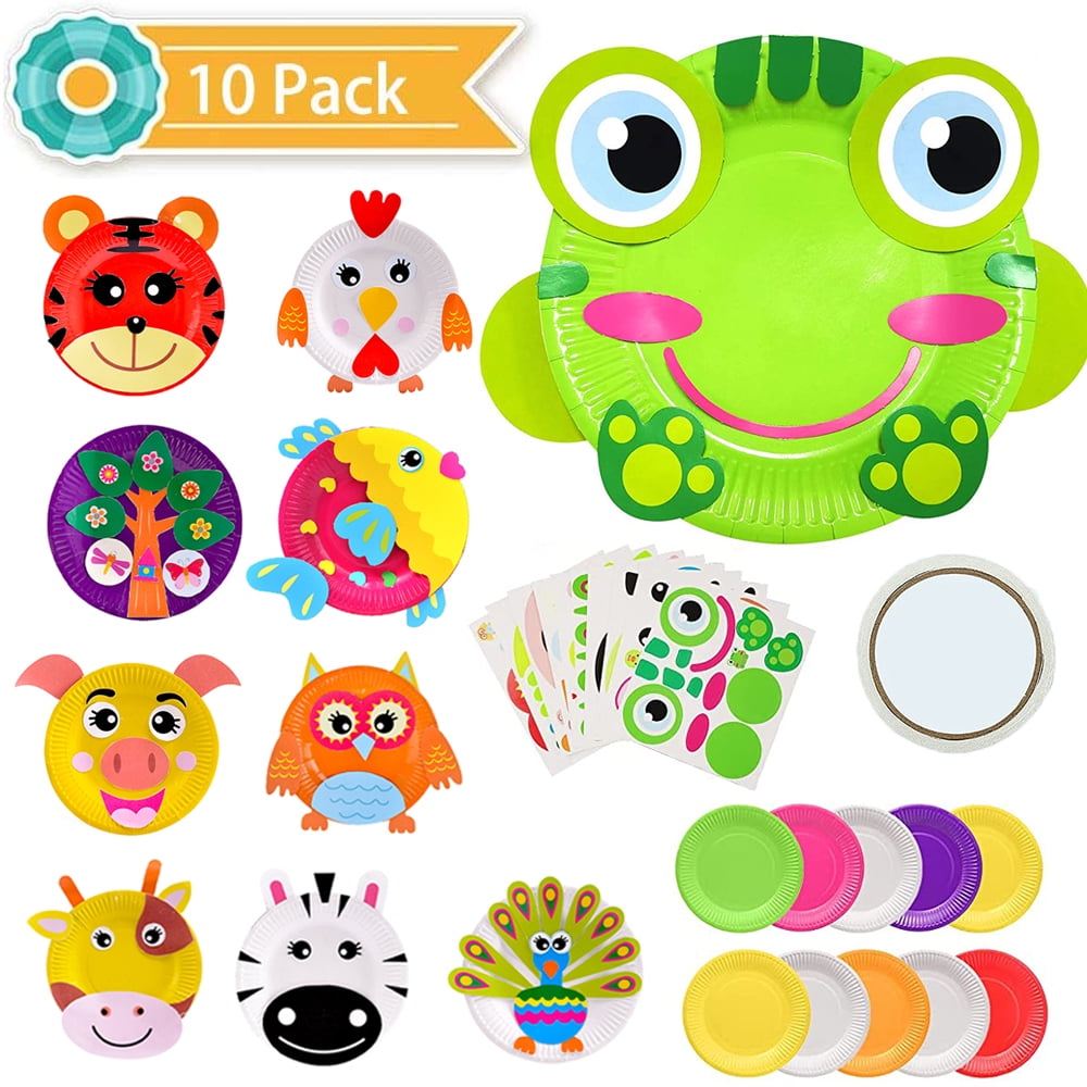 Lnkoo 10pcs Toddler Crafts Paper Plate Art Kit Arts and Crafts for Kids Boys Girls Preschool Easy Animal Plate Craft DIY Projects Supply Kit Creative