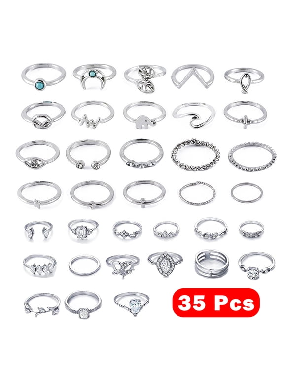 35 Pcs Vintage Knuckle Rings Set Stackable Finger Rings Midi Rings for Women Bohemian Hollow Carved Flowers Gold&Silver Rings Crystal Joint Rings
