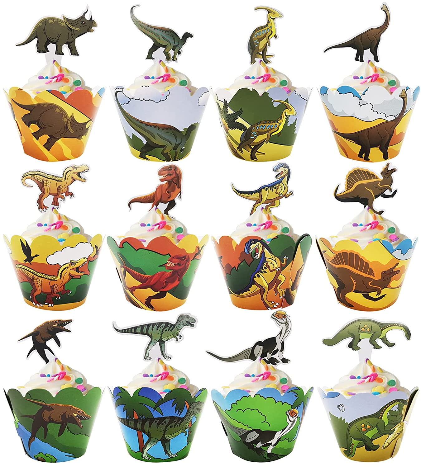 SAYLITA 48Pcs Dinosaur Cupcake Toppers and Wrappers 24 Set Dinosaur Cupcake Decorations for Boys Kids Dinosaur Themed Birthday Party, Jurassic World Party,Double Sided