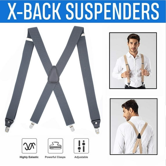 SAYLITA Suspenders for Mens with Strong Metal Clips Adjustable Elastic X Style Leather Heavy Pants Suspender for Work Wedding Party