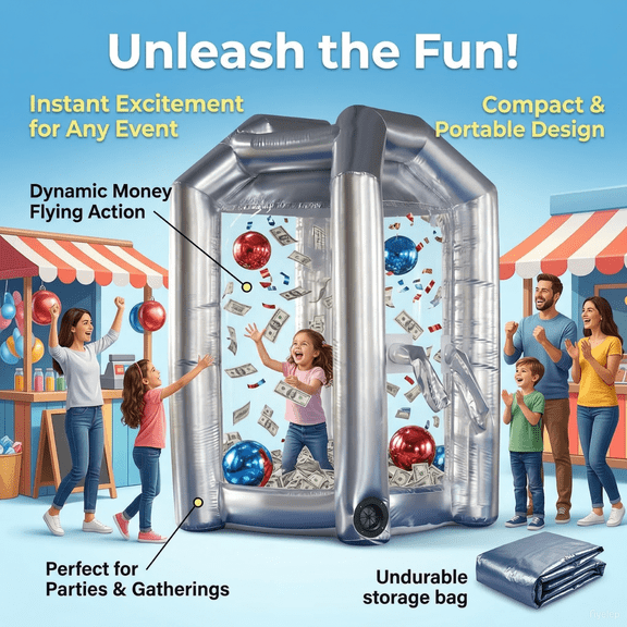 SAYOK 4.92 x 8.2ft Inflatable Money Machine Booth Inflatable Cash Cube Machine(Silver, Without Air Blower) for Event, Promotion