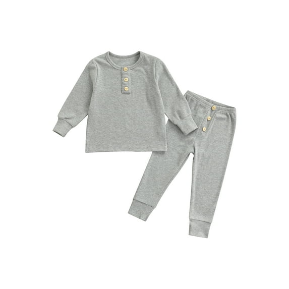 SAYOO 2 Pieces Kids Nightwear, Unisex Solid Color Round Neck Long Sleeve Tops+ Long Pants for Spring Autumn, 18 Months-6 Years