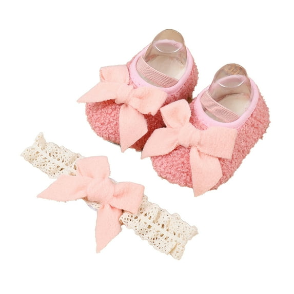 SAYOO Baby Girl Flat Shoes, Solid Color Coral Fleece Bowknot Non-Slip Shoes Soft Sneakers + Headband