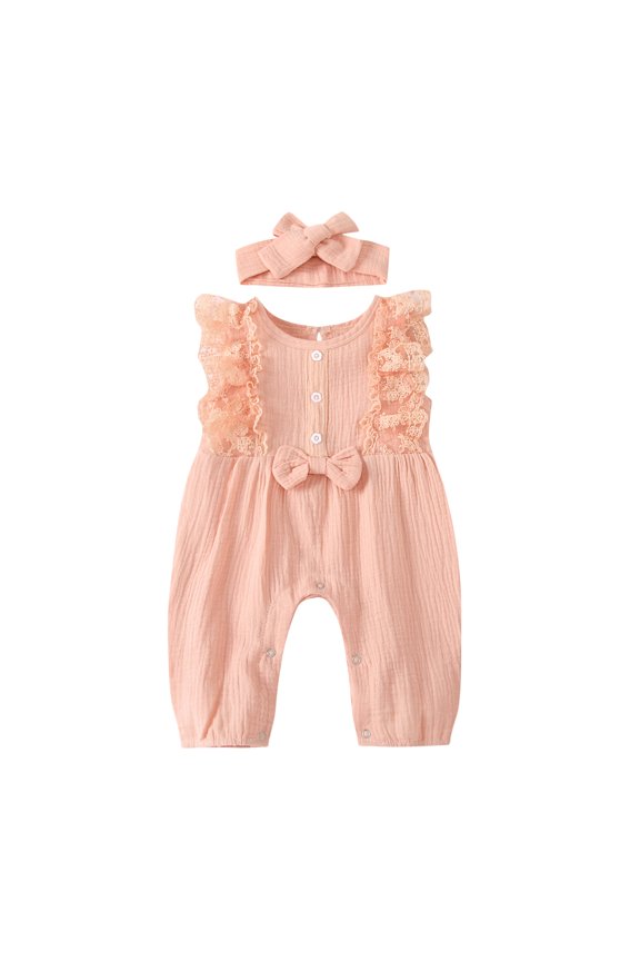 Baby Girls Two-piece Clothes Set, Sleeveless Round Collar Jumpsuit + Headdress, Pink/ White/ Purple/ Green/ Yellow