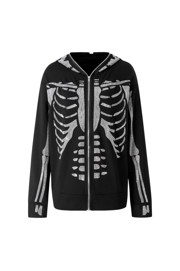 Female Blouse, Rhinestones Skeleton Print Long Sleeve Hooded Tops with Zipper for Spring Autumn, S/M/L/XL