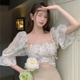 thumbnail image 1 of SAYOO Female Crop Tops, Square Neck Puff Sleeve Blouse Floral Print with Zipper for Spring Summer, White, 1 of 6