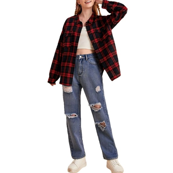 SAYOO Female Shirt, Adults Plaid Turn-Down Collar Long Sleeve Tops Single-Breasted Blouse for Spring Fall, XS/S/M/L/XL/XXL