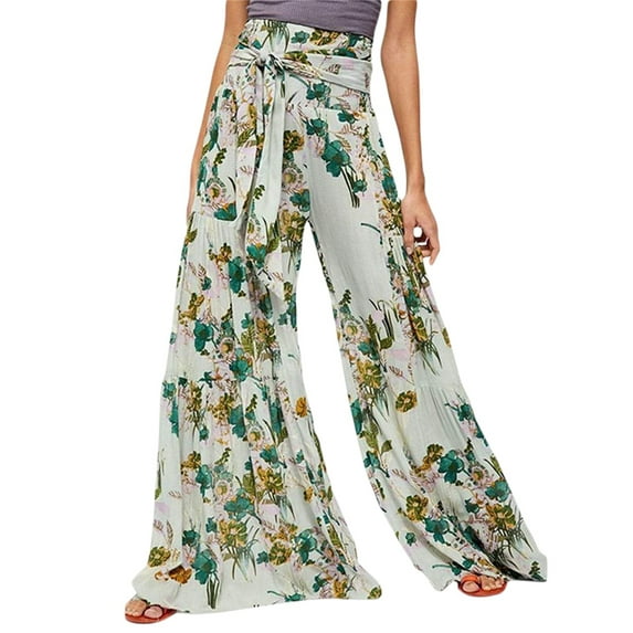 SAYOO High Waist Flared Wide Leg Pants for Women Floral Printed , Casual Loose Straight Beach Trousers