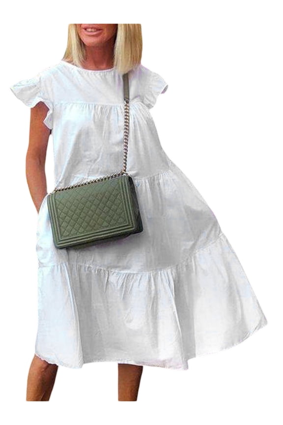 Ladies Temperament Loose Mid-length Dress, Summer Women Leisure Style Solid Color Round Collar Fly Sleeve Ruched Skirt