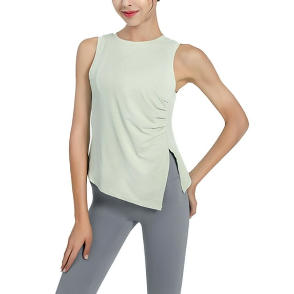 SAYOO Ladies Yoga Tank Tops, Women Summer Solid Color Round Collar Ruched Side Split Sleeveless Irregular Sports Tops Workout Clothes