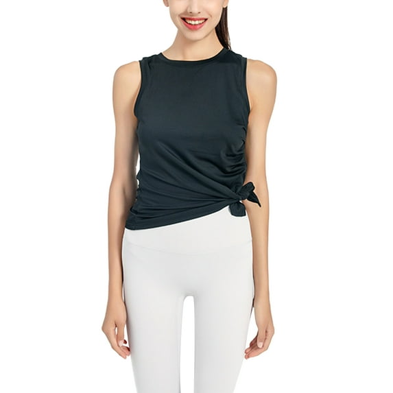 SAYOO Ladies Yoga Tank Tops, Women Summer Solid Color Round Collar Ruched Side Split Sleeveless Irregular Sports Tops Workout Clothes