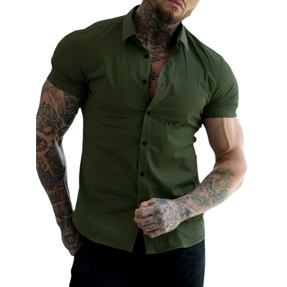 SAYOO Men Casual Shirt, Solid Color Short Sleeve Lapel Neck Slim Fit Button-Down Leisure Tops