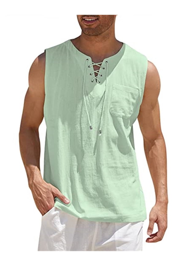 Men Casual Vest, Solid Color Sleeveless Tie-up V-neck Loose Fit Sweatshirt for Running/ Fitness