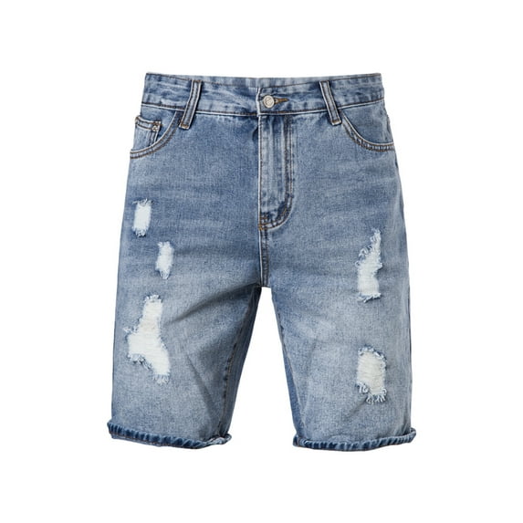 SAYOO Men's Washed Ripped Jeans, Summer Solid Color Denim Sports Shorts with Pockets (Blue)