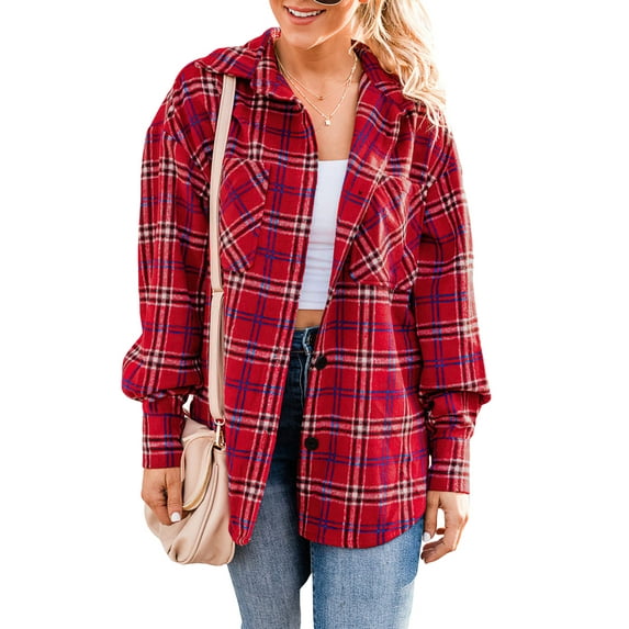 SAYOO Plaid Shirt for Women Flannel Fleece Inside Long Sleeve Button-Down Cardigan Coat Jackets Autumn Warm Shackets Tops (Blue , XL )