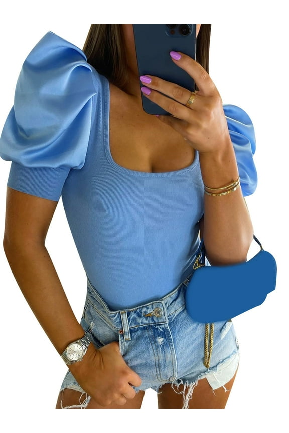 Ribbed Crop Tops Women Short Puff Sleeve Patchwork Lowcut Neck Street Style Summer T-Shirt Party Elegant Female Clothing