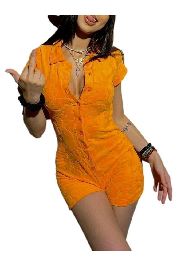 Short Sleeve Jumpsuit for Women Bodycon Sexy V Neck Buttons Rompers Shorts Knitted One Piece Bodysuit Overall( Embroidery Orange,S)
