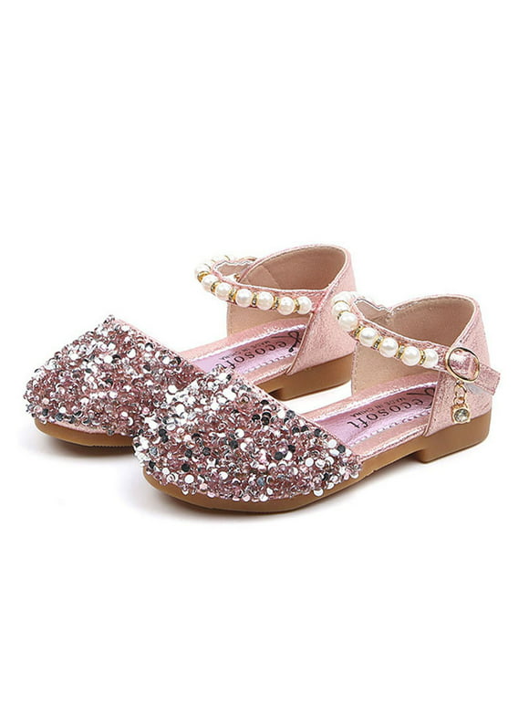 SAYOO Summer Autumn Toddlers Princess Shoes, Sweet Style Little Girls Sequins Faux Pearl Decoration Sandals without Instep
