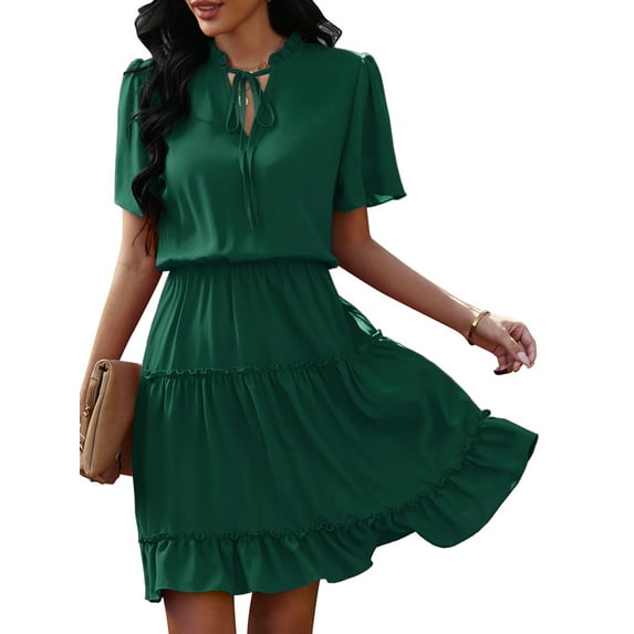 SAYOO Summer Dresses for Women, Frilly Flounce Solid Color Short-Sleeve Slim-Waist One-Piece for Ladies, S/M/L/XL