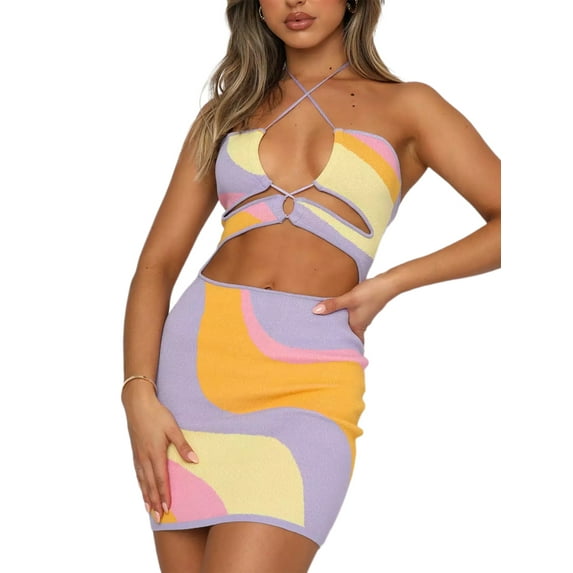 SAYOO Summer Sleeveless Backless Dresses for Women, Hollow-Out Patchwork Color Halter Cross Bandage Mini Bodycon Dress