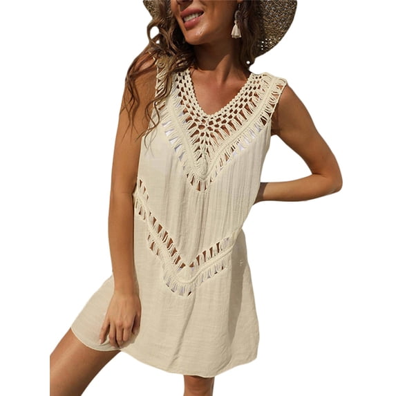 SAYOO Women Bathing Suit Cover Ups Solid Color Crochet Hollow-Out V-Neck Sleeveless Beach Mini Dress for Bikini Swimwear