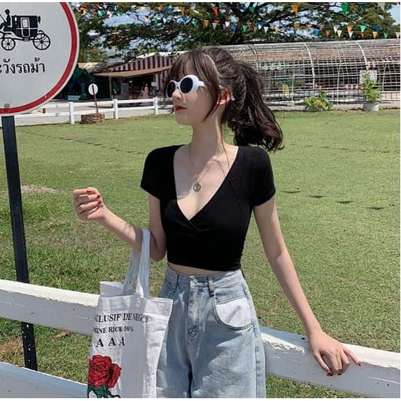 SAYOO Women Crop Tops, V-Neck Slim-Fit Solid Color Short Sleeve Casual Outwear Streetwear