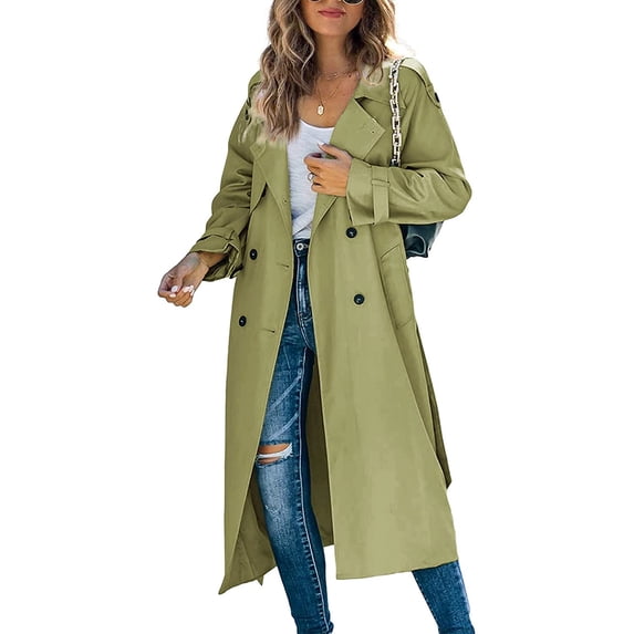 SAYOO Women Double Breasted Long Trench Coat Windproof Classic Lapel Slim Overcoat Jacket with Belt Streetwear