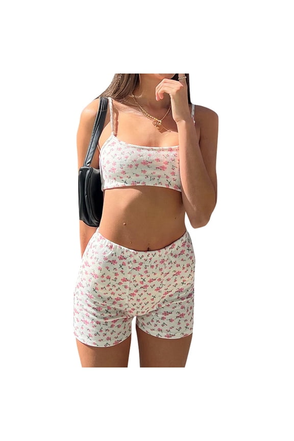 Women Floral Print 2 Piece Shorts Sets Sleeveless Crop Cami High Waist Stretchy Shorts Lauren Wolfe Suit Set Streetwear