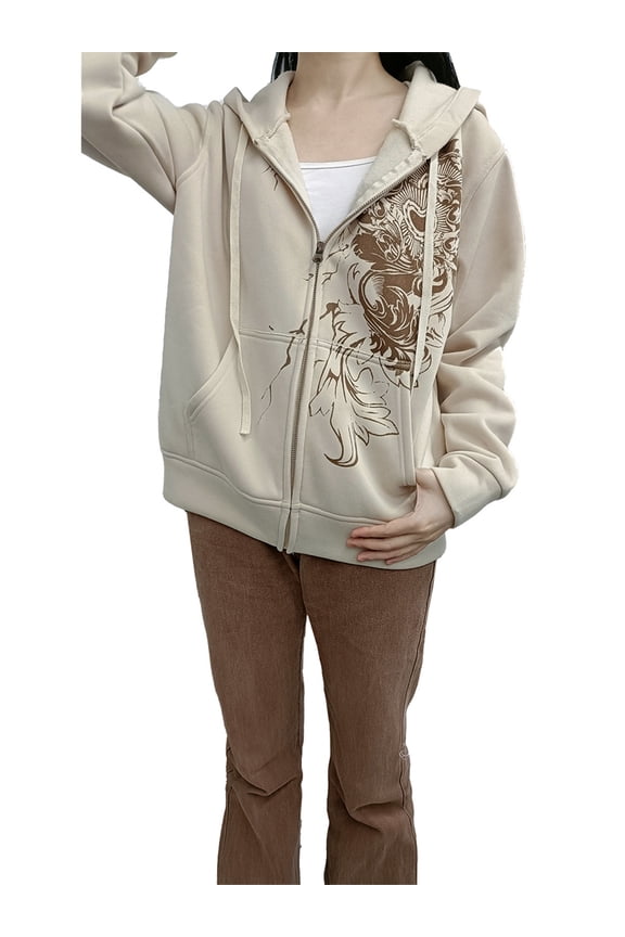 Women Hoodie, Vintage Long Sleeve Graphic Print Zipper Closure Sweatshirt with Pockets