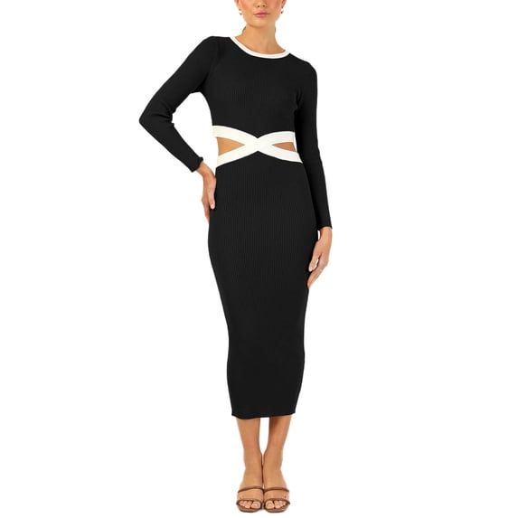 SAYOO Women Midi Bodycon Dress Patchwork Round Neck Long Sleeve Knitted Ribbed Dress Spring Fall Cutout Skinny Dress