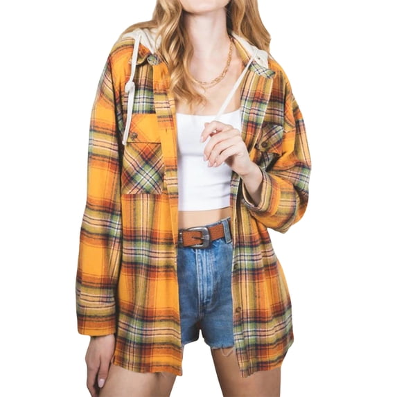 SAYOO Women Plaid Shirt Jacket Casual Long Sleeve Button Down Hooded Woolen Coat Spring Fall Outwear