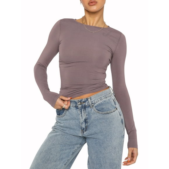 SAYOO Women Sexy Backless Long Sleeve Shirt Top Hollow Out Open Back Round Neck Tee Slim Fitted Crop Tops Retro Cloth(Tee Black,S)