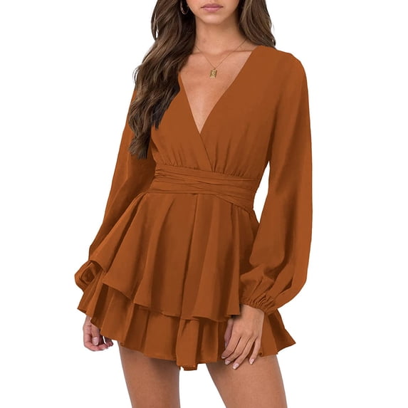 SAYOO Women Short Wrap Dresses, V-neck Long Sleeve Multi-layered Ruffled Hem Elegant Deep Dress for Party