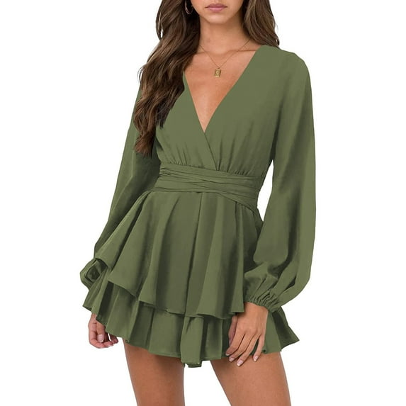 SAYOO Women Short Wrap Dresses, V-neck Long Sleeve Multi-layered Ruffled Hem Elegant Deep Dress for Party