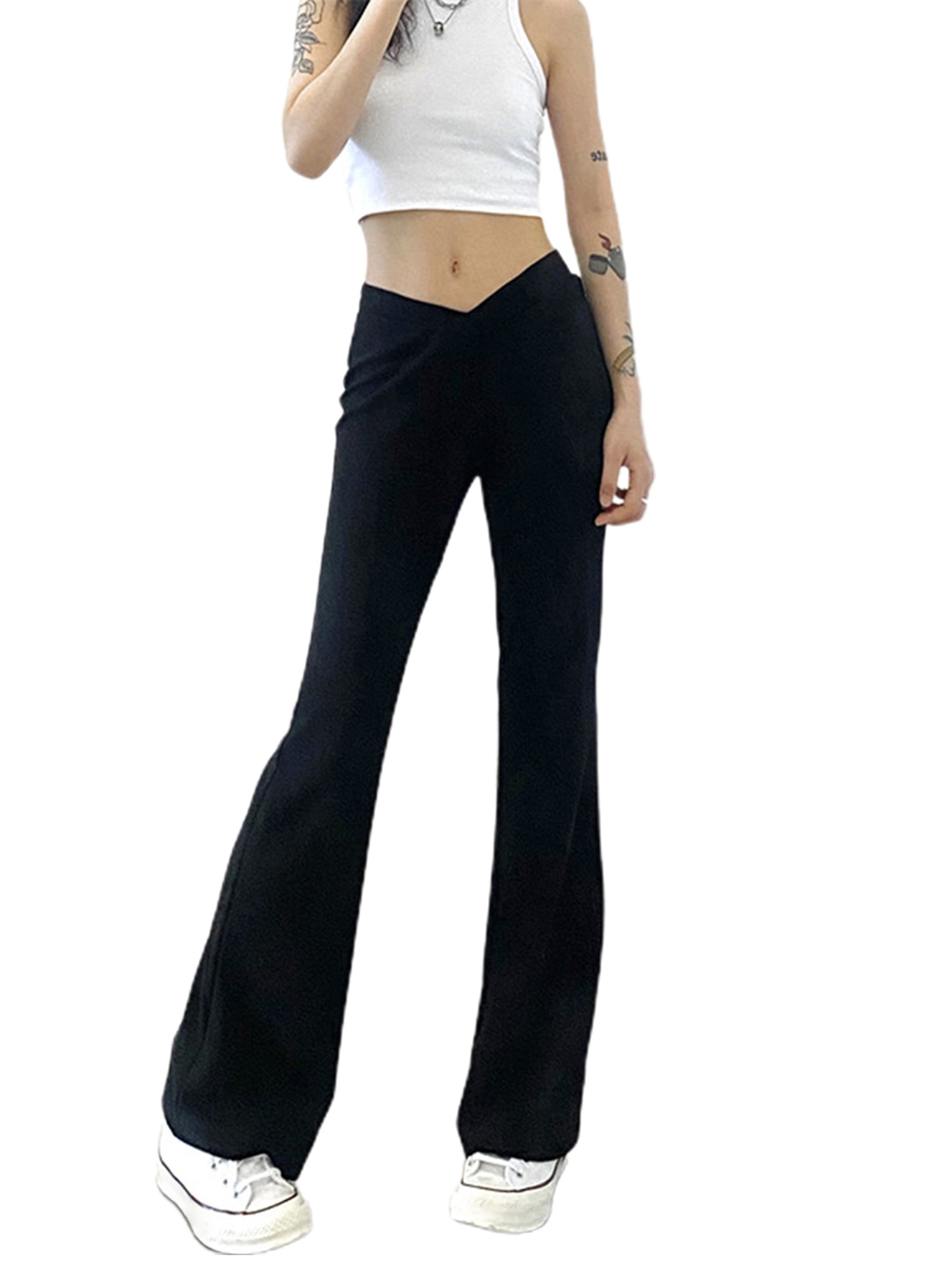 SAYOO Women Solid Color Flared Pants, Black V-shaped Low Waist