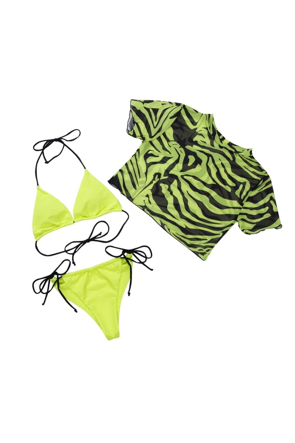 Women Three Piece Bikini Set, Summer Short Sleeve Crop Tops+Sling Bra+Lace Up Panties