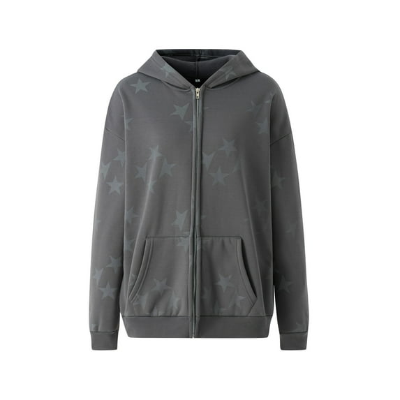 SAYOO Women Zipper Down Hoodie Jacket, Long Sleeve Over-Size Style Star Pattern Vintage Streetwear Clothes