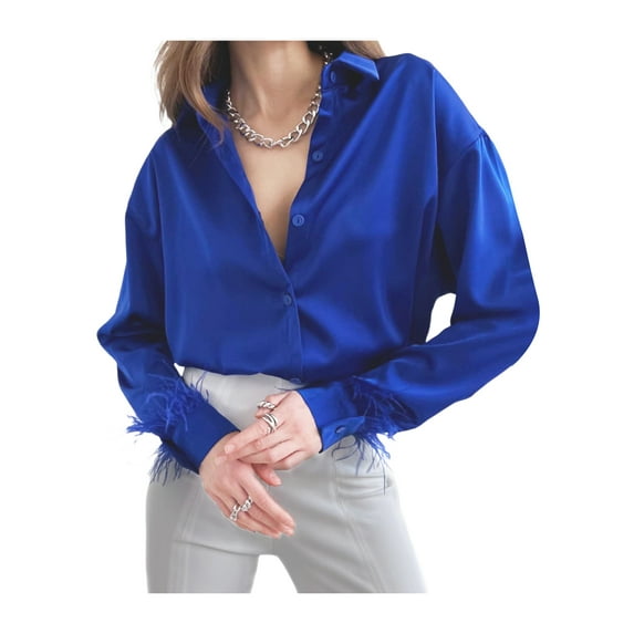 SAYOO Women's Blouse Feather Embellishment Long Sleeve Lapel Design Button Closure Loose Fit Casual Shirt Tops
